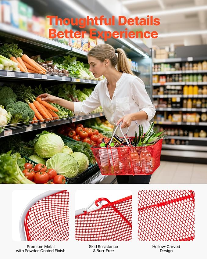 VEVOR Shopping Baskets, 12 PCS, 22L Stackable Metal Grocery Baskets with Handles, Dense Mesh Structure, Holds up to 44 lbs, Portable for Grocery, Retail, Stores, Supermarket, Bookstore, Home Use, Red