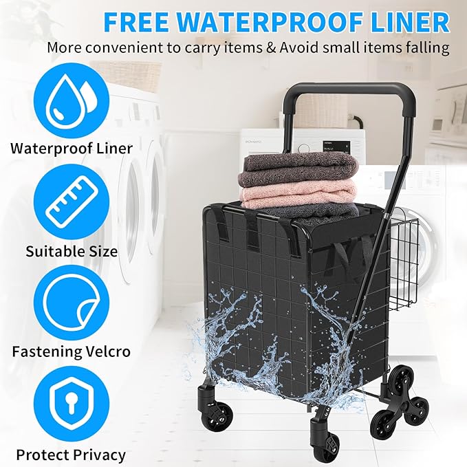 Folding Shopping Cart with Waterproof Liner, Heavy-Duty Stair-Climbing Grocery Cart with 360° Swivel Wheels - Extended Foam Handle - Utility Trolley for Laundry, Travel, Shopping (Black)