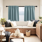 PONY DANCE Blackout Short Cafe Curtains, Privacy Light Block Small Window Curtains for Bedroom Kitchen Basement Dining Classroom, W 29 x L 24 inches, Greyish Blue, 2 Panels