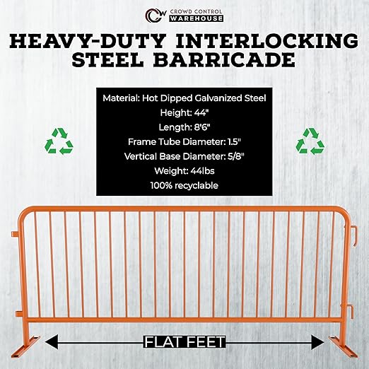 Angry Bull Barricades Metal Interlocking Steel Barricade (8.5 Ft. Heavy Duty, Flat Feet, Orange Powder Coated, Set of 20)