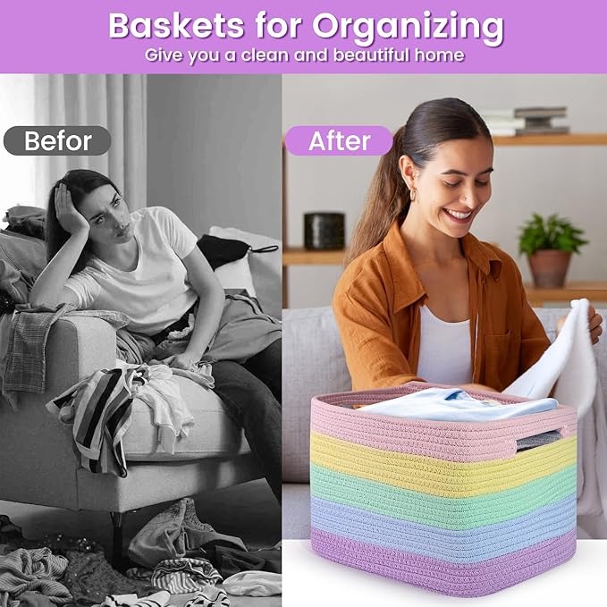 3 Pack Shelf Woven Storage Basket, 15 x 10 x 9” Closet Rope Baskets For Organizing, Square Bins with Handles, Rainbow
