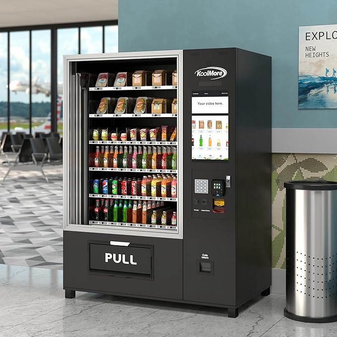 KoolMore Snack Vending Machine with 21.5 in. Touch Display, 66 Slots and Elevator-Lift Dispensing, Refrigerated, Bill Acceptor & Credit Card Reader with Connectivity in Black