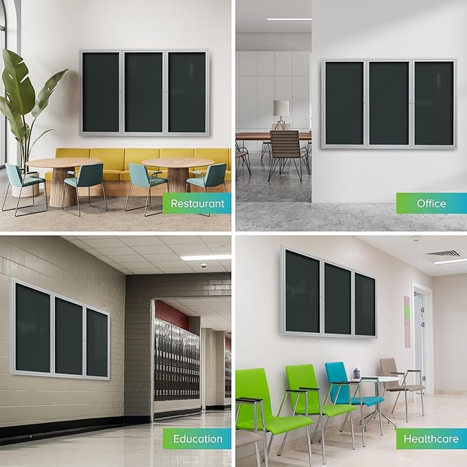 Ghent 48"x72" 3-Door Outdoor Enclosed Vinyl Bulletin Board, Shatter Resistant, with Lock, Satin Aluminum Frame - Ebony (PA34872VX-183), Made in the USA