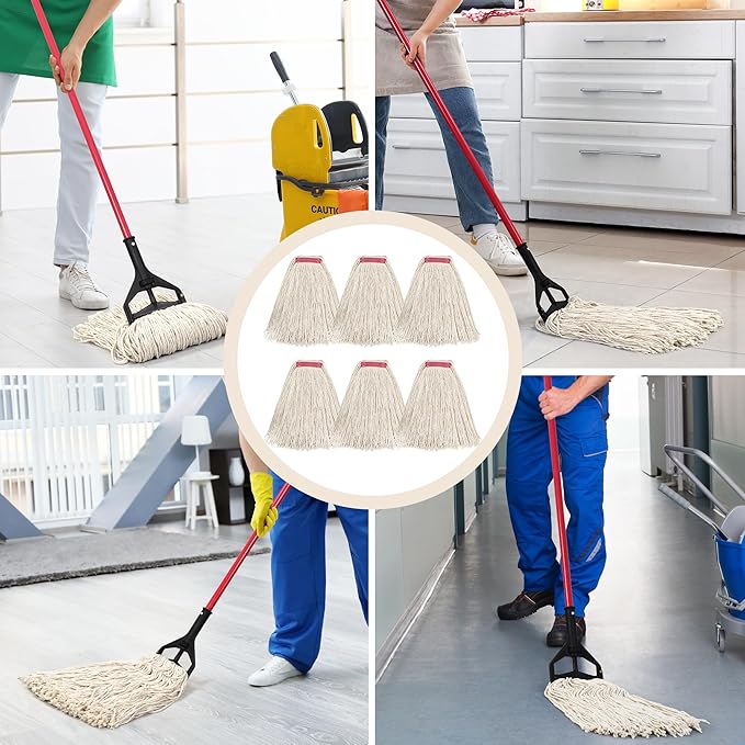 Matthew Cleaning 20oz 6Pack Cotton Floor Mop,Cotton Looped-Open String Heavy Duty String Refills, Universal Headband Blend Material,Mop Head Replacement for Home, Industrial and Commercial Use(White)