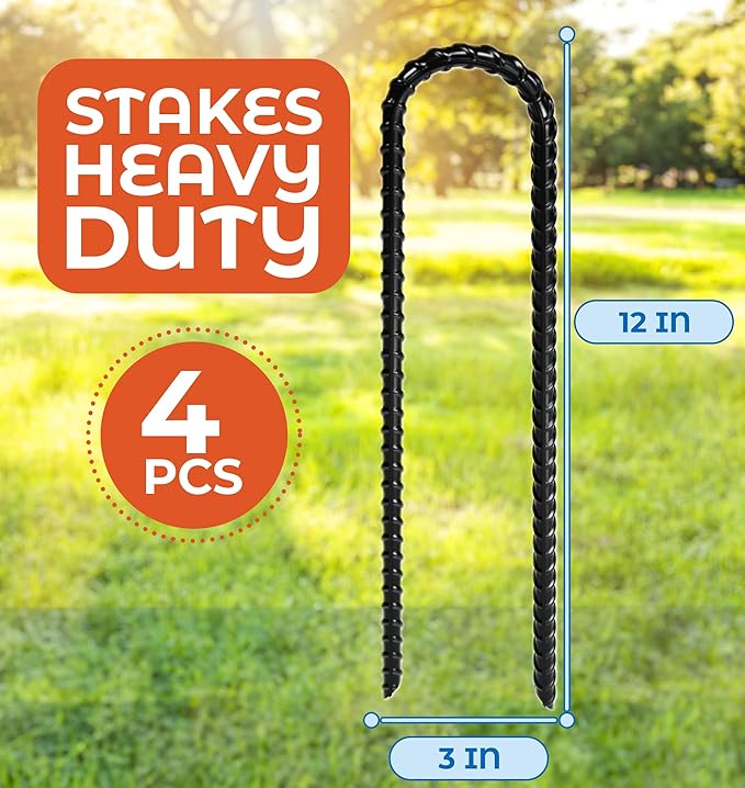 Happin® 12 Inch Heavy Duty Ground Anchors, Garden Stakes U Hook, Tent Stakes Heavy Duty, Chain Link Fence Anchors, Ground Anchors Screw in, Yard Stakes, Galvanized Steel, (4 Pack, Black)