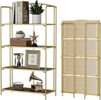 Crofy No Assembly Folding Bookshelf for Living Room, 4 Tier Gold Collapsible Book Shelf for Home Office, Portable Bookcase Storage Organizer