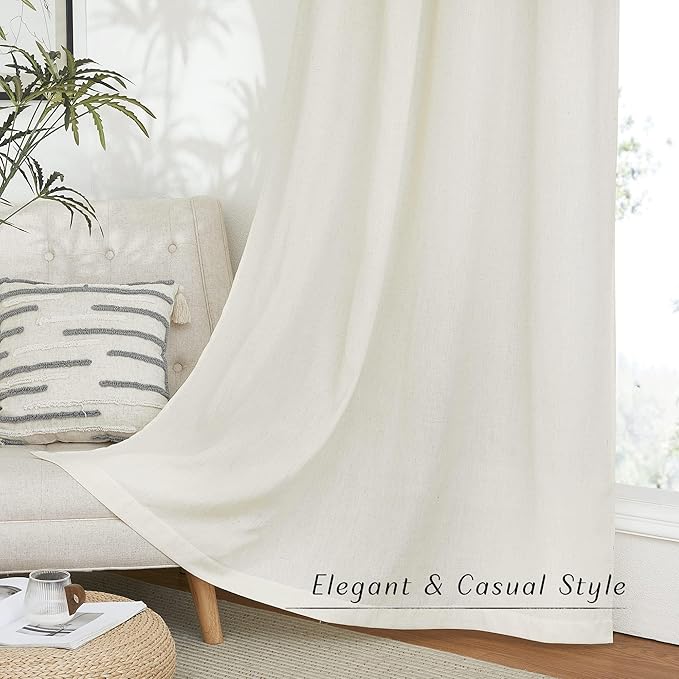 NICETOWN Thick Boho Curtains Linen Drapes for Living Room, Rustic Rod Pocket Semi Sheer Panels Privacy Assured Semi Sheer Linen Blend for Living Room/Bedroom, Off White, W55 x L95, 2 Panels