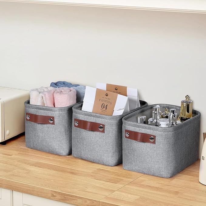 Kntiwiwo Small Fabric Storage Bins, 7.8x6.7x5.9 inch Mini Storage Cubes 4-Pack Storage Basket for Makeup Collapsible Fabric Storage Organizer with Handles, Decorative Basket for Desk, Shelves, Grey