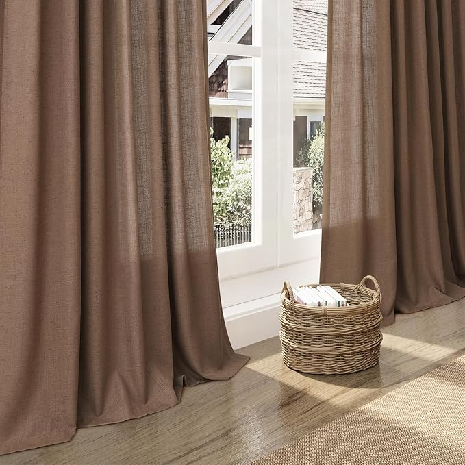 Extra Long Curtains 2 Panels 102 Inches Long for Dinning Room Caramel Brown Back Tab Rod Pocket Light Filtering Semi Sheer Drapes Cotton Linen Textured Window Curtain 102 Inch Length for Bedroom