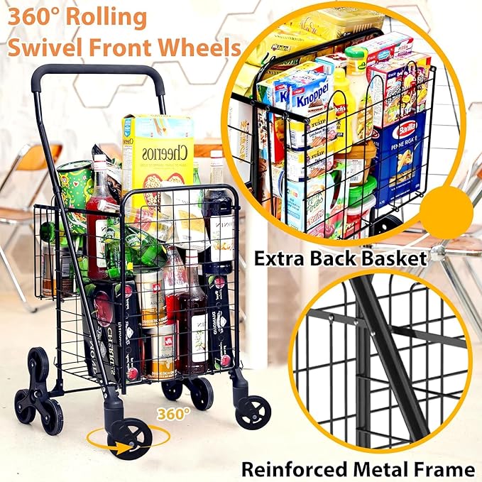 Grocery Shopping Cart with 360° Rolling Swivel Wheels Stair Climber Utility Cart Easily Collapsible Cart with Tri-Wheels, 66lb Extended Foam Cover, Trolley for Stair, Laundry, Travel (Black)