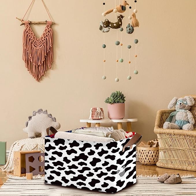 Cow Pattern Storage Basket Large 17x11.5x10.5 Inche-Collapsible Fabric Organizer Bin with Handles for Nursery, Farmhouse Decor, Toys-Foldable Decorative Hamper with Animal Print Design-Single Pack