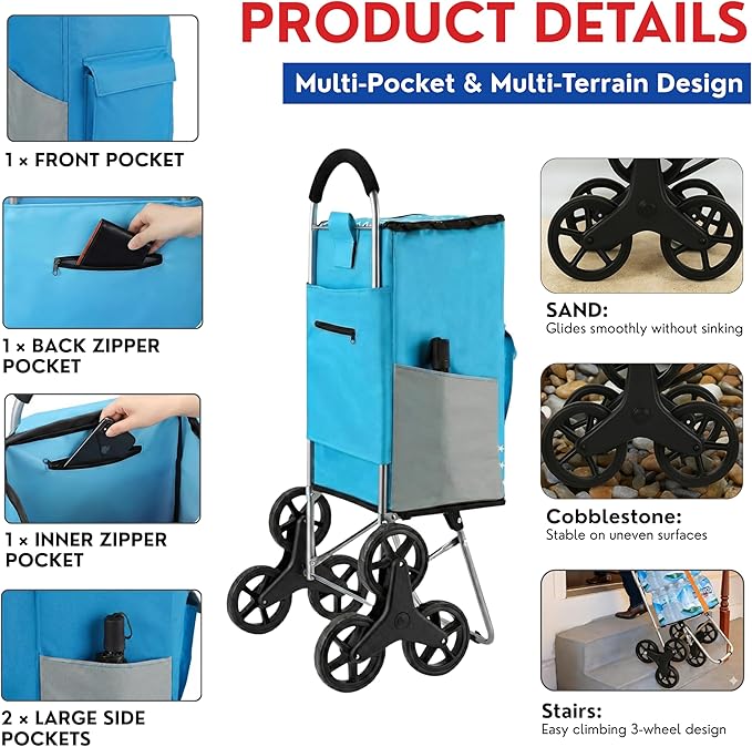 winkeep Shopping Cart, 220 lbs Capacity, Foldable Grocery Trolley with Large Bag, Laundry Utility, Adjustable Bungee Cord (Sky Blue)