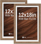 VCK 12x18 Picture Frame 2 Pack - Walnut, High-End Wood Poster Frames with Tempered Glass, Display 11x17 Photo with Mat or 12x18 without Mat, Art Gallery-Quality, Wall Hanging, Walnut