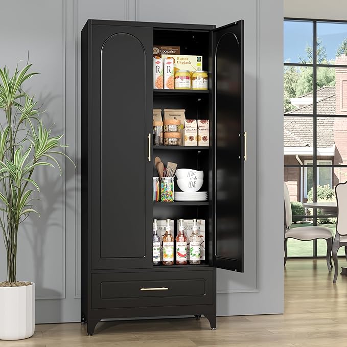 Metal Storage Cabinet with Drawers,75Inch Black Pantry Cabinets for Kitchen Storage with 3 Adjustable Shelves,Tall Kitchen Pantry Cabinet for Living Room, Dining Room，Office