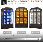Arched Display Cabinet with 3 Glass Doors,5-Tier Curio Cabinet W/3 Color Lights for Collectibles,78'' Tall Curio Cabinet W/2 Drawers,Modern Display Case W/Human Body Sensor for Living/Game Room,Black