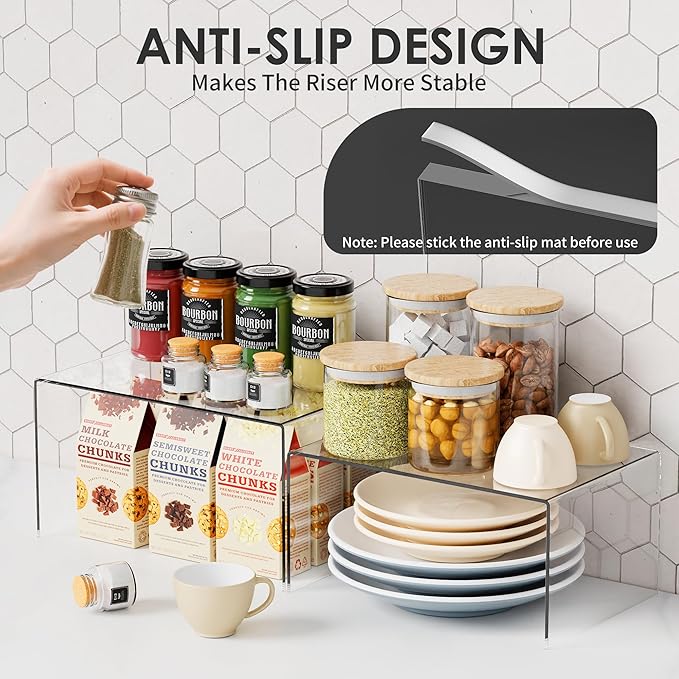 Clear Acrylic Kitchen Cabinet Risers Set of 2 - Anti-Slip Stackable Shelf Organizers, Space Saving Shelves for Counter Display & Spice Organization