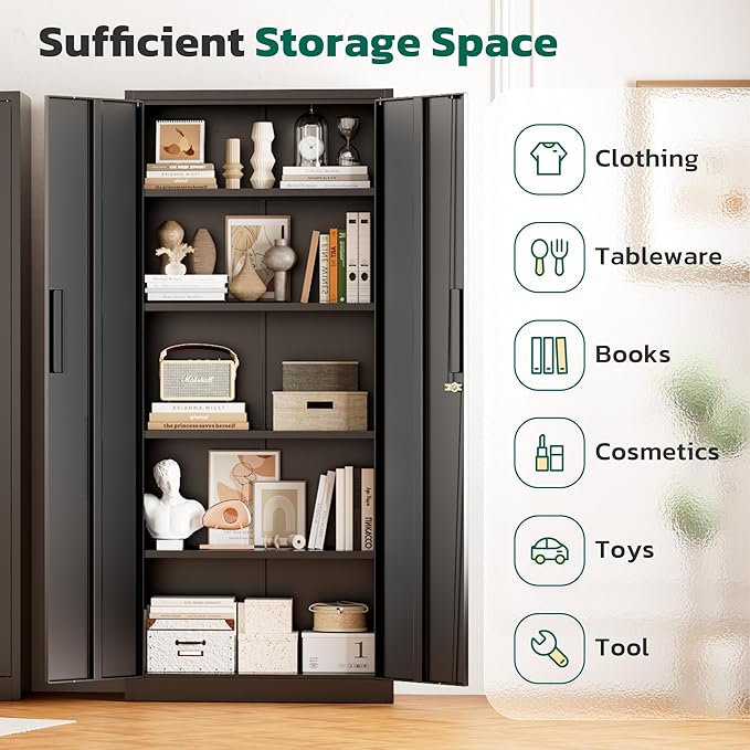 Greenvelly 63" H Metal Storage Cabinet Black, Locking Metal Cabinet, Store Tools, Clothes, Tableware and Toiletries, Garage Cabinets with Adjustable Shelves for Office, Home, Garage, Pantry