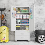 Aobabo Upgraded Metal Garage Storage Cabinet with Wheels and 2 Drawers, Lockable Rolling Tools Cabinet with Pegboards and Hooks,Assembly Required,White