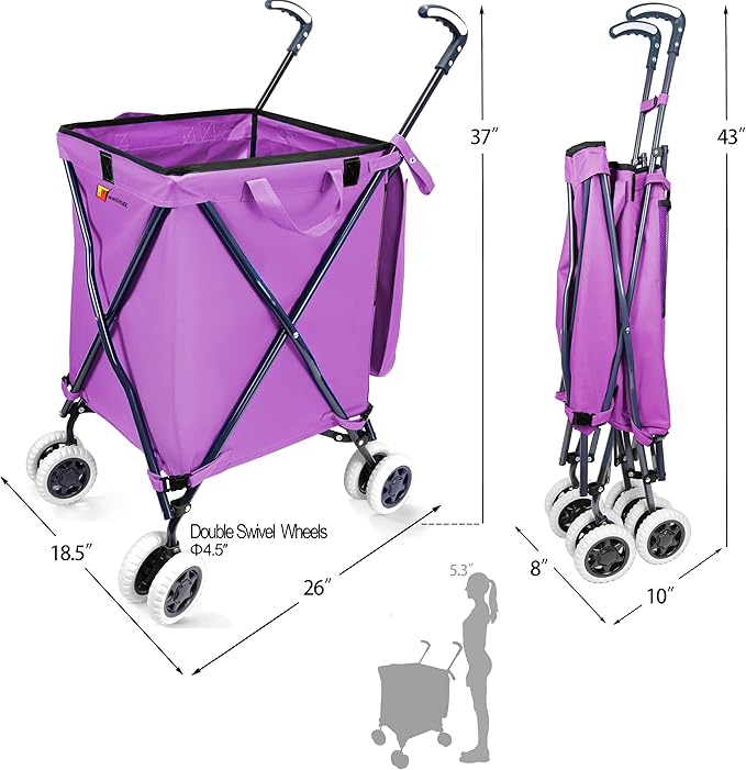 Wellmax WM99100 Series Folding Shopping Cart with Wheels, Grocery Cart with Removable Canvas with Cover, Lightweight Utility Cart for Groceries and Laundry - Holds up to 120 lbs (Purple)