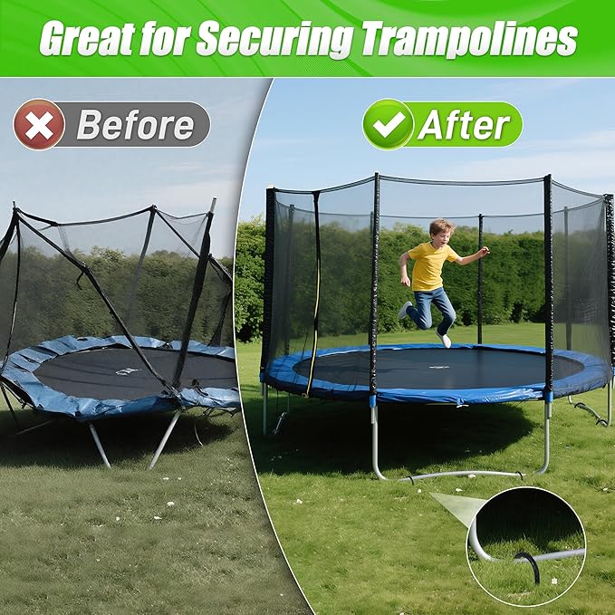 Anothera 16 Pack Trampoline Stakes Anchors High Wind, 12 Inches Tent Stakes Heavy Duty, Galvanized Steel Ground Stakes Kit, U Shaped Rebar Stakes for Trampoline, Tents, Fence
