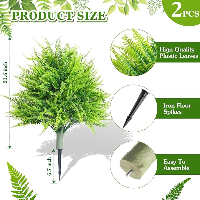 2 Artificial Boston Fern with Integrated Ground Stake 24'' Realistic UV Resistant Faux Plant with Spike for Indoor Outdoor Garden Yard Spring Summer Wedding Decoration
