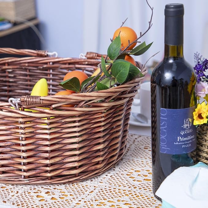 JJSQ Wicker Picnic Basket with Folding Handles Wicker Hand Woven Baskets for Storage, Garden Harvest, Easter, Empty Gift Basket, Brown, Large 17" x 13" x 7"