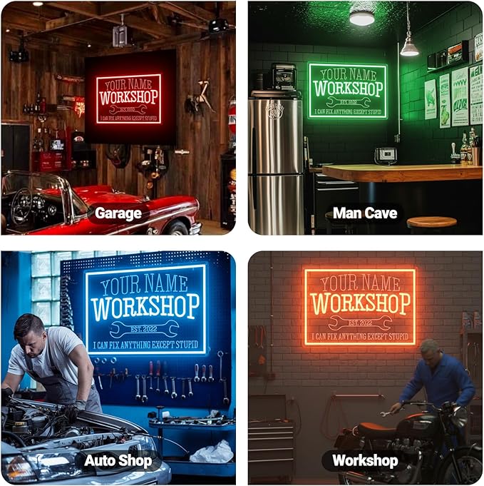 Large Custom Workshop Neon Sign for Wall Decor, Personalized 3D Engraved Garage Name LED Acrylic Sign, Customized Dimmable Neon Lights for Garage, Tool Room, Carport & Man Cave, Gifts for Dad Father Husband Grandpa