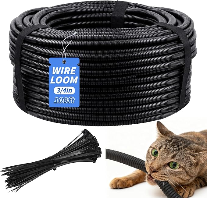 100FT Split Wire Loom Tubing, 3/4 Inch Wire Protector Tubing, Automotive Wire Flexible Conduit Cord Covers with 20 Cable Ties for Automotive Marine RV Agriculture Electrical Cable Protection
