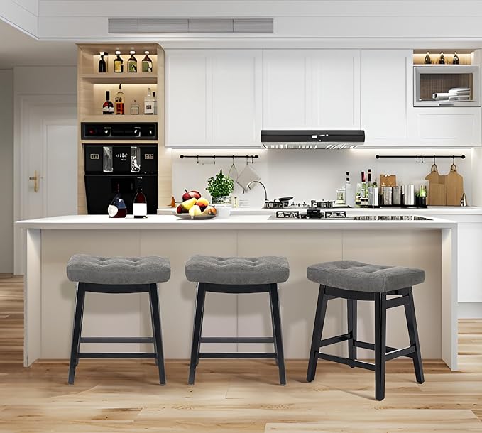Counter Height Bar Stools Set of 6 for Kitchen Counter Farmhouse Modern Barstools with Faux Leather Upholstered Backless Seat and Solid Wood Legs 24 inch Bar Chairs, Grey + Black