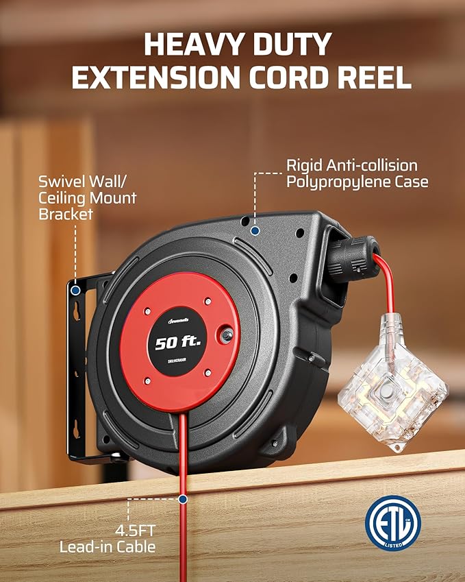 DEWENWILS 50FT Extension Cord Reel with 6 Grounded Outlets, Retractable Extension Cord Reel, 14/3C SJTOW, 6 Grounded Outlets, Twist-lock Stopper, 13A Circuit Breaker, Heavy Duty Power Cord, ETL Listed
