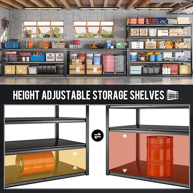 72.2" H Garage Shelving 3000LBS Metal Shelving Unit Adjustable Garage Storage Shelves 5 Tier Heavy Duty Storage Rack for Pantry, Warehouse, Industries, 59.8" W x 72.2" H x 24.2" D