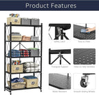 Lifetime Home 5-Tier Foldable Storage Shelf with Wheels - Metal Collapsible Shelving Unit Display, Rolling Cart for Books Kitchen Storage Shelves, Pantry & Closet Organizer, Office Room Decor - Black