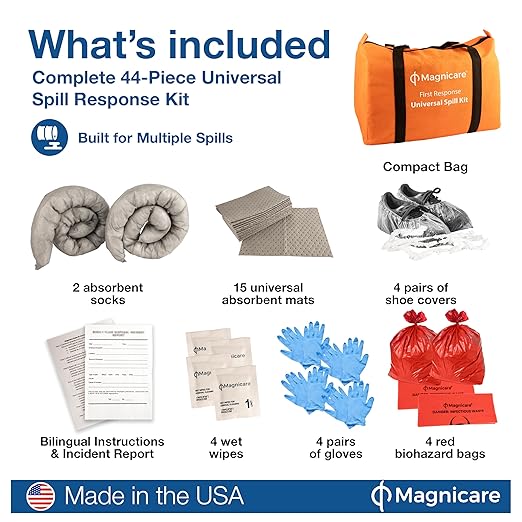 Universal Spill Kit OSHA Approved - Biohazard Clean up Kit for Oil, Water & Chemicals | 15 Absorbent Pads, 2 Socks, PPE, Biohazard Bags in Bright Orange Duffel Bag