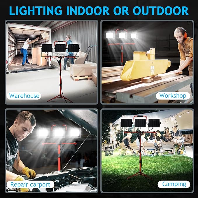 Juyace 14000Lm LED Work Light with Stand 150W 5000K Dual Head Lamp with Independent Switch Portable Construction Flood Outdoor IP65 Waterproof for Garage Workshop Backyard