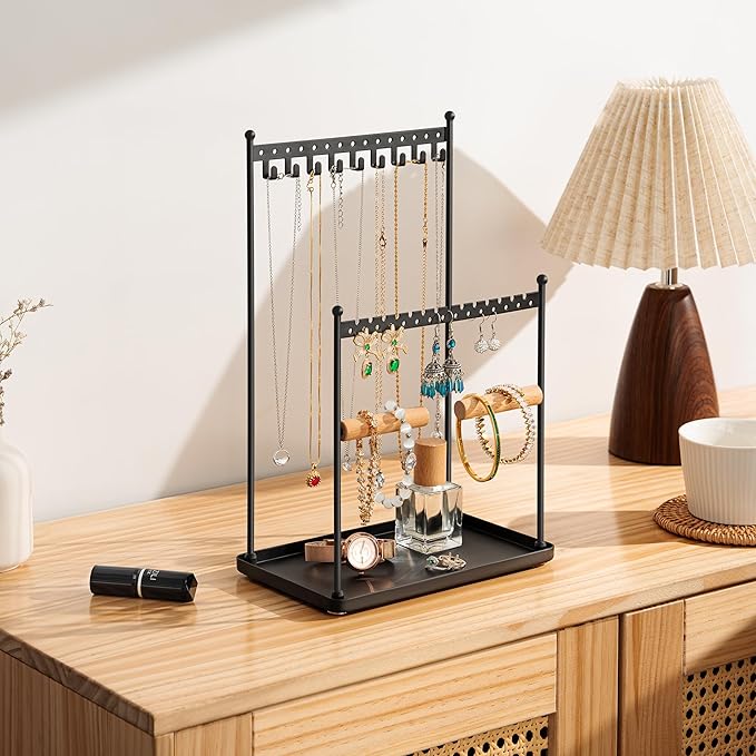 Jewelry Tower Necklace Holder Organizer – 3-Tier Jewelry Display Rack with Storage Tray – Holds 22 Pairs of Earrings, Bracelets, Rings, Necklaces – Gift for Girls & Women, Black