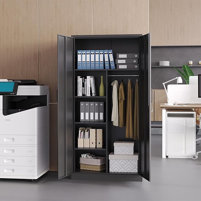 Broom Closet with Lock, Metal Storage Cabinet 36" Wide, 5-Tier Steel Utility Cabinet with Hanging Rod & Doors for Garage, Laundry Room, Warehouse Storage