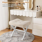 18-Inch Large Vanity Stool Chair, Vanity Bench with Metal X-Legs, Ottoman Accent Stool with Breathable and Soft Boucle Fabric Saddle Seat, Beige