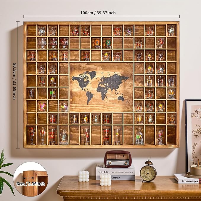 Large World Map Shot Glass Display Case 102 Slots 39.37 X 31.69''Rustic Brown Wood Holder for 2 Different Size Shot Glass in Living Rooms Bars Wine Cellars Used for Jewelry Stones & Shell
