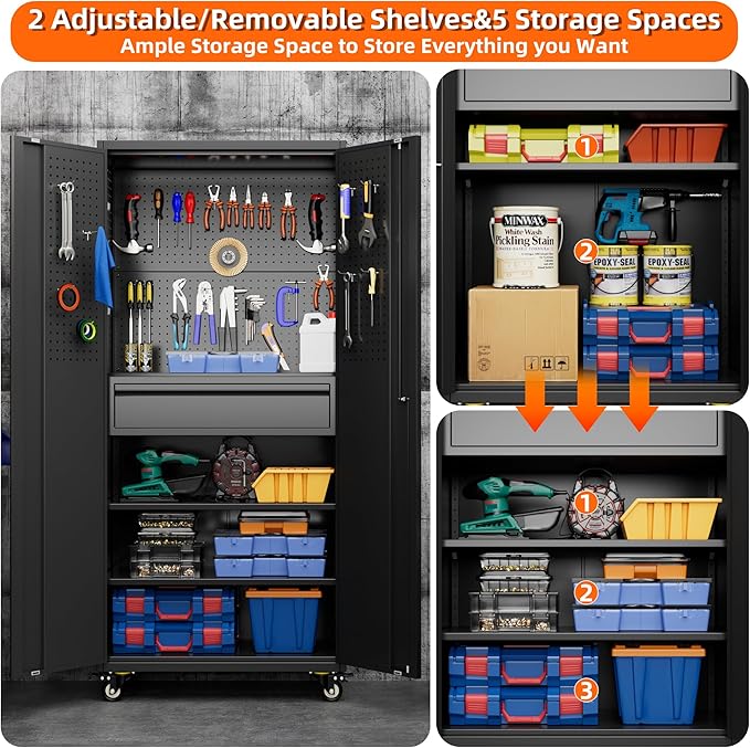 Metal Storage Cabinet with Drawers, Locking Garage Tool Cabinets on Wheels with Pegboards and Hooks for Warehouse Homes, Offices, Assembly Required(Black)