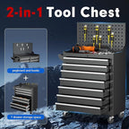 Superday Rolling Tool Chest, 7 Drawer Portable Tool Chest with Wheels, Tool Storage Cabinet with Lock for Garage, Steel Tool Cart with Pegboard & Hooks for Workshop, Warehouse (Black)