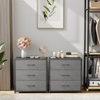 Nightstand with 3 Drawers for Bedroom, Storage Dresser with Fabric Drawers and Metal Frame for Closet, Living Room, Bedside Table with Wood Top, Easy Pull Handle, Gray
