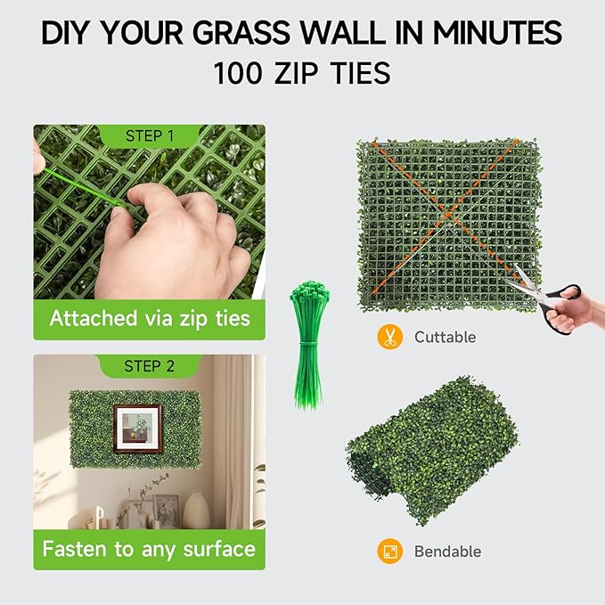 Artificial Grass Wall Panels, 8 PCS 20x20 inch Boxwood Hedge Wall Panels with 100 Zip Ties, Boxwood Panels Backdrop for Outdoor Indoor Decorative Garden Fences Backyard Patio Privacy Hedge