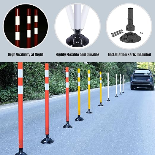 8 Pack Traffic Delineator Post Cones, High Visibility 3M Reflective Tapes, Flexible Spring Post with Detachable Base, for Highway Road Safety, Garage, Parking Lot (White, 48")