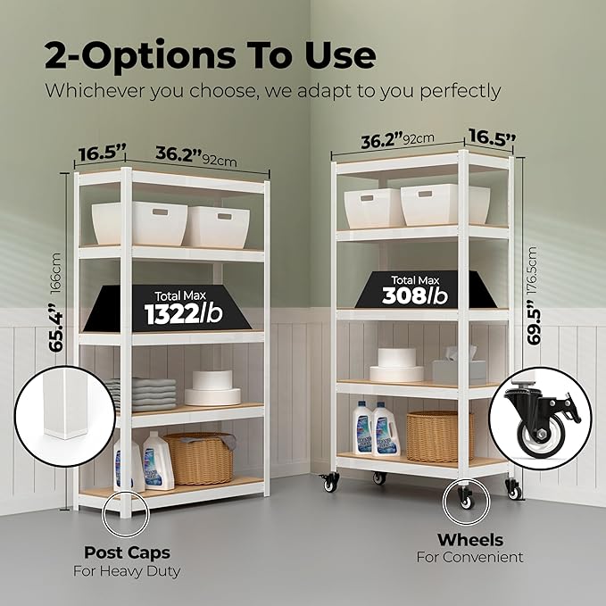 HOMEDANT House 5-Tier Metal Rolling Cart Shelf Rack Casters Heavy Duty Laminated Wheel Shelving Unit Adjustable Utility Storage Shelves Organizer Shelf Kitchen Garage (1, (M) 36.2" W, White)