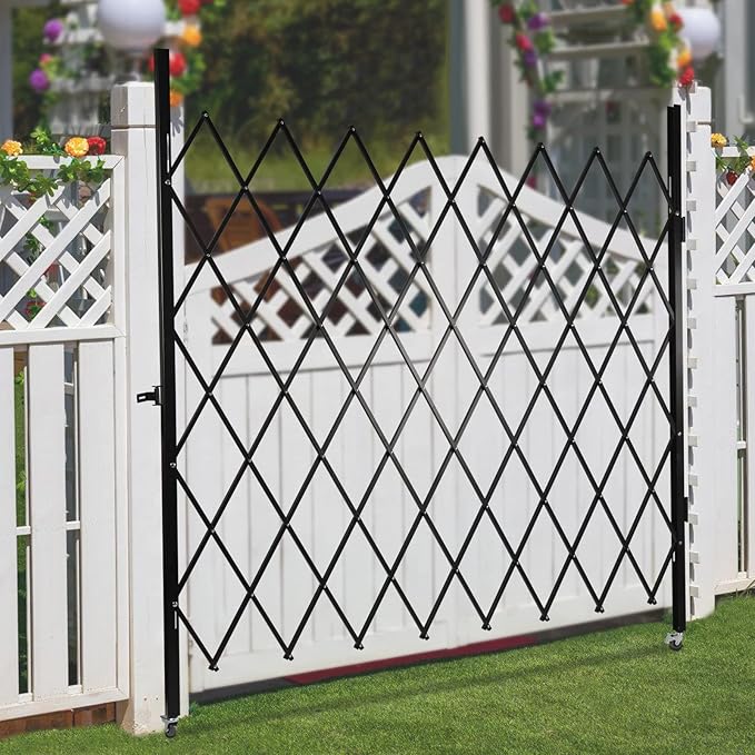Single Folding Security Gate 7.22'Hx6.56'W Iron Accordion Security Gate Flexible Expanding Security Gate 360° Rolling Barricade Scissor Door with Padlock for Entry Security, Garage, Warehouse