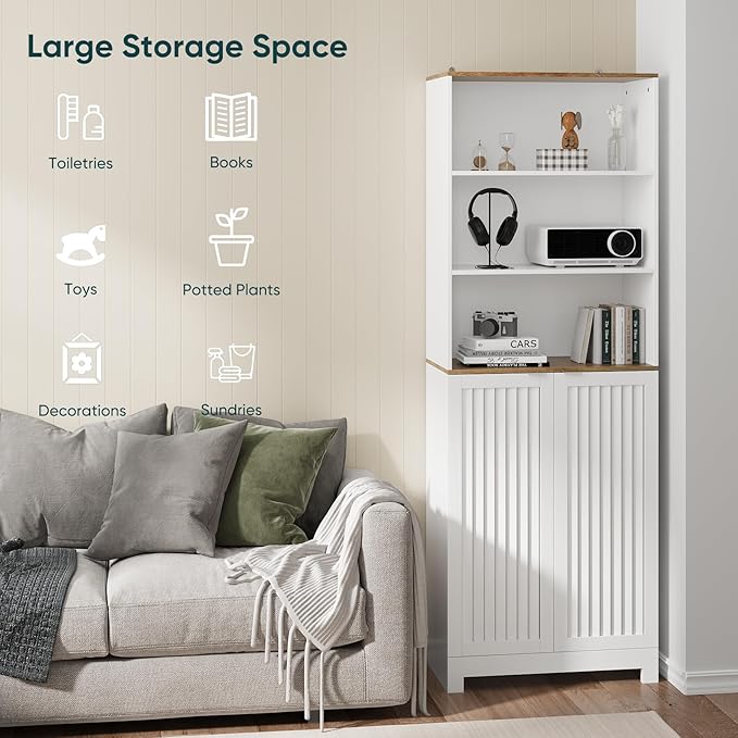 Bathroom Storage Cabinet - 46.7" Freestanding Tall Cabinet with Slatted Doors and Open Shelves, Adjustable Shelves, White Bathroom Organizer for Small Spaces, Bathroom Linen Tower with Closed Storage