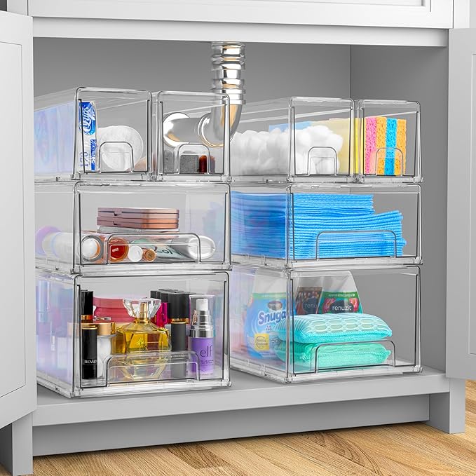 Sorbus Small Wide Clear Stackable Storage Drawers – 4-Pack Plastic Organizer Bins with Handles – Stackable Pull-Out Storage Drawers for Closet, Pantry, Office, Bathroom, Craft, and Toy Organization