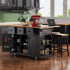 Yayzy Rolling Kitchen Island with Drop Leaf & Storage, Mobile Kitchen Cart on Wheels with 5 Open Shelves, Towel Rack & Power Outlet for Kitchen and Dining Room, Black, 53-Inch