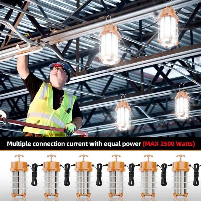 NS 250W Construction Lights Super Bright 37500 Lumens Led Temporary Work Light 5000K Portable Hook Temp Lights,Linkable Durable Job Site Lighting for High Bay Workshop Garage Shop Area Lighting
