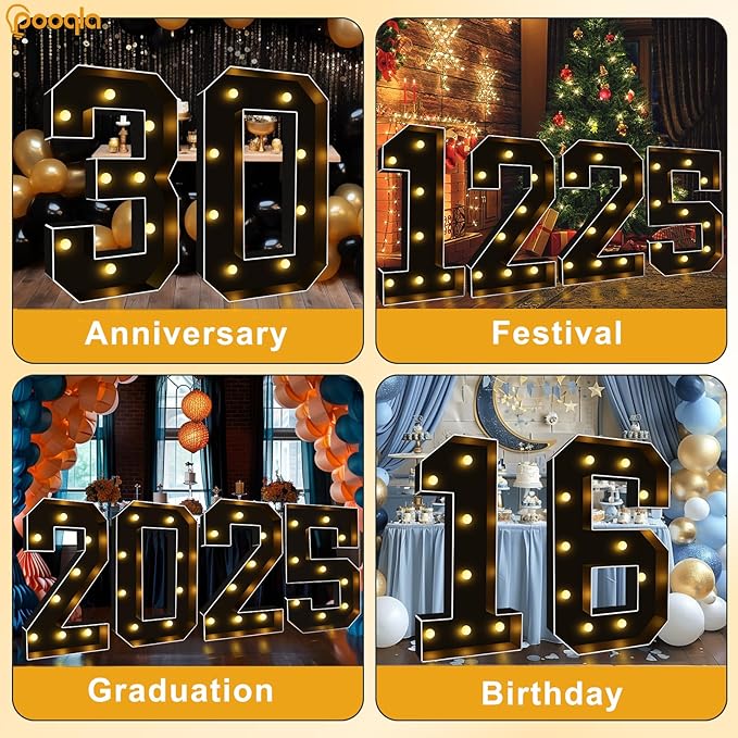 Pooqla 3 FT 4 FT Marquee Light Up Letters, Black Giant Letter Sign Marquee Letter Lights, Big Mosaic Letters Numbers for Balloons Birthday Party Anniversary Wedding Decorations, 3FT Number 0
